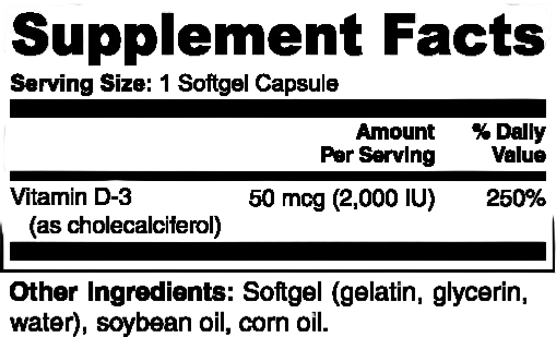 Supplement facts label for a vitamin D3 supplement with serving size, amount per serving, and other ingredients listed.